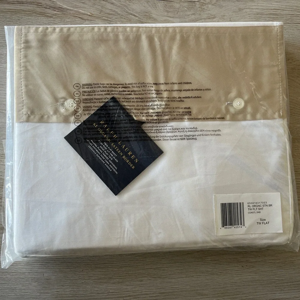 Ralph Lauren Home Organic Cotton‎ Sateen Border Flat Sheet Coastal Sand tan TWIN